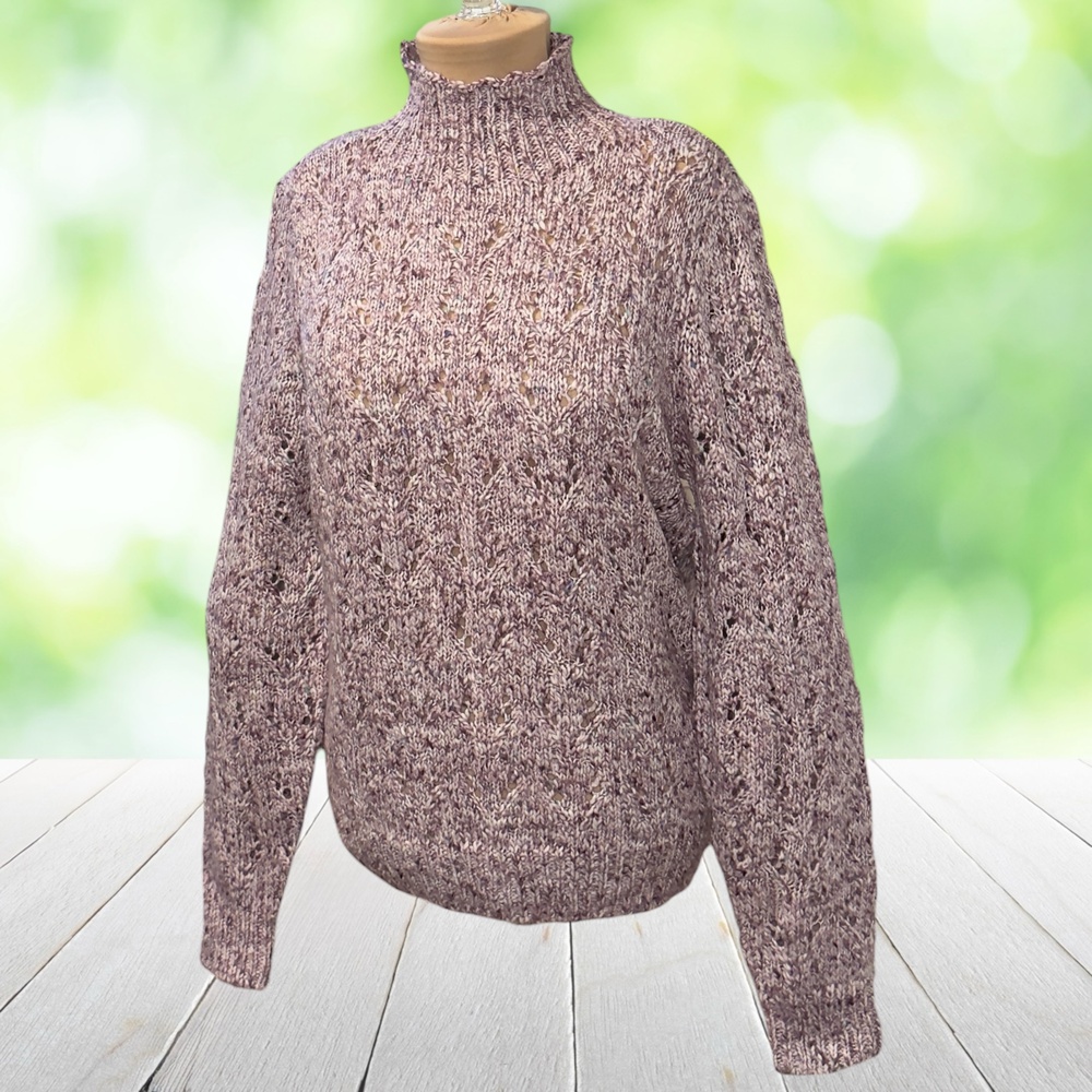 New WHBM Open Knit Sweater Mock Neck Alpaca Wool Blend Marled Purple Size L NWT
